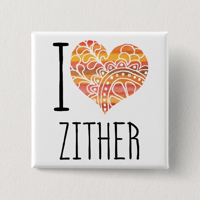 I Liebe Zither Orange Mandala Herz Button (Vorderseite)