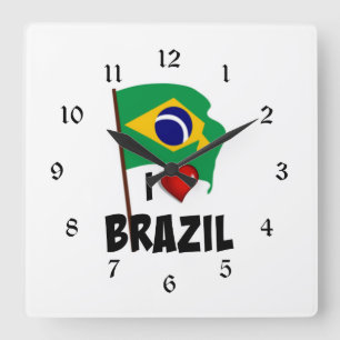 I Love Brazil, flag of Brazil Quadratische Wanduhr