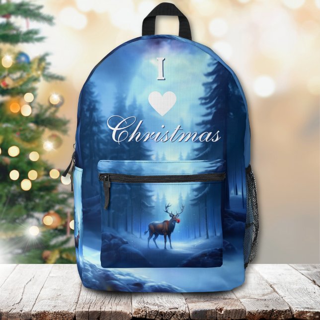 I Love Christmas Backpack Blue Winter Reindeer Bedruckter Rucksack (Von Creator hochgeladen)
