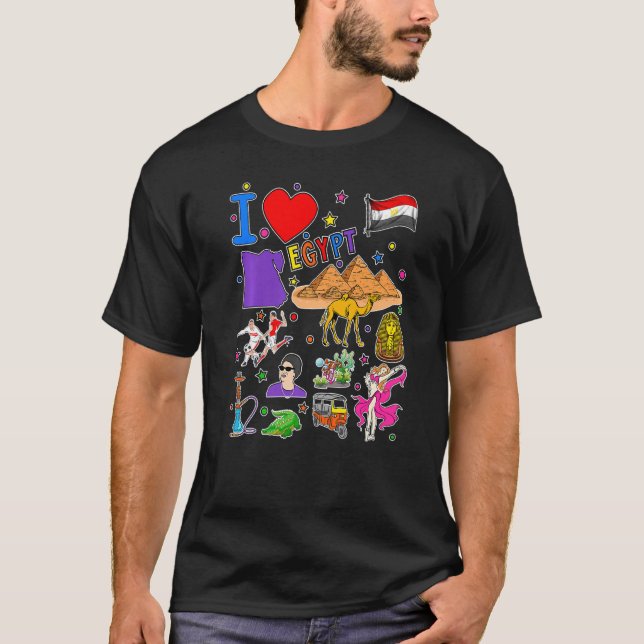 I love Egypt Hand drawn Egyptian Landmarks flag an T-Shirt (Vorderseite)