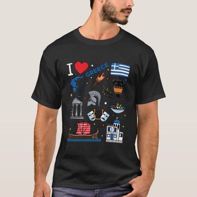 I Love Greece Hand Drawn Greek Landmarks Flag And  T-Shirt (Vorderseite)