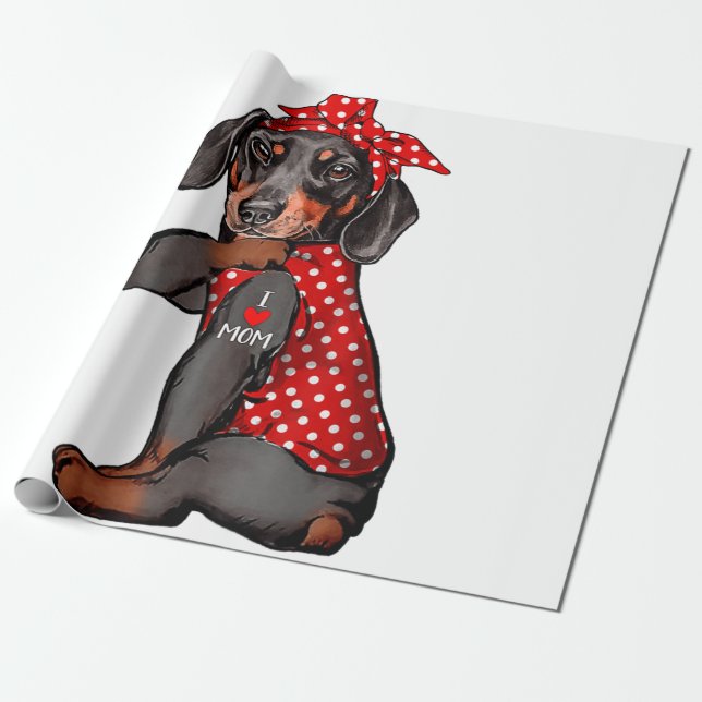 I Love Mom Tattoo Funny Dachshund Dog Wearing Band Geschenkpapier (Ungerollt)