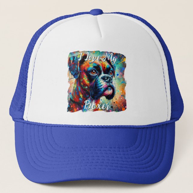 I Love My Boxer Pop Art Dog Personalized Truckerkappe (Vorderseite)