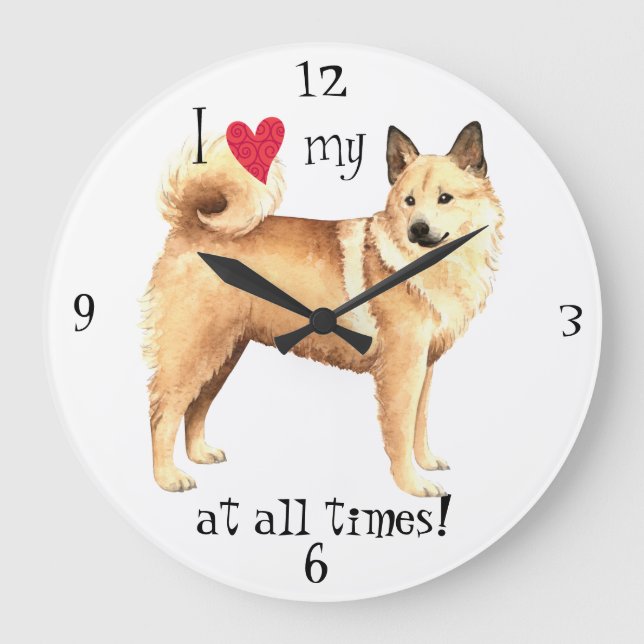 I Love my Norwegian Buhund Große Wanduhr (Vorderseite)