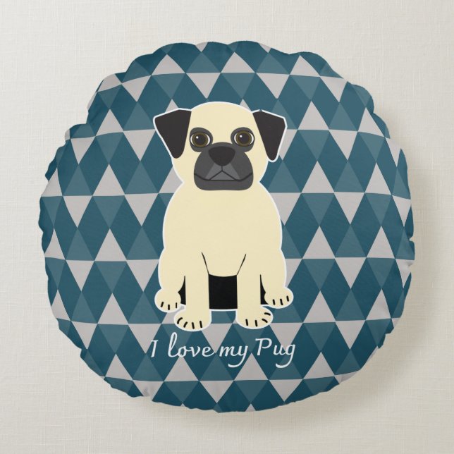 I love my Pug, Blue diamonds pattern Rundes Kissen (Vorderseite)