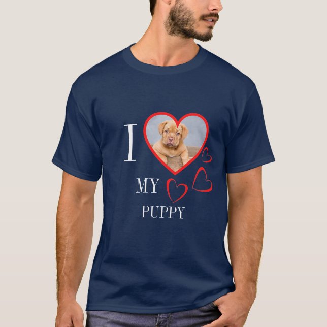 I Love My Puppy Custom Heart Photo Blue T-Shirt (Vorderseite)