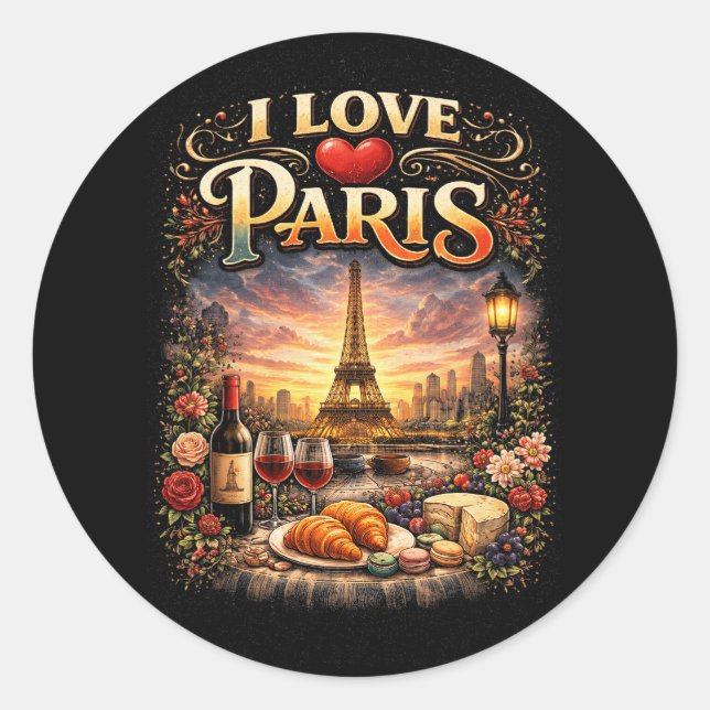 I Love Paris Runder Aufkleber (Vorderseite)