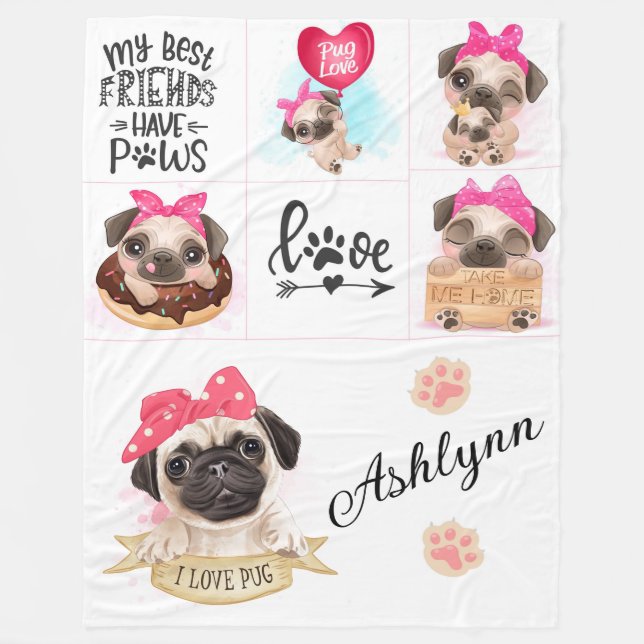 I Love Pugs Fleecedecke (Vorderseite)