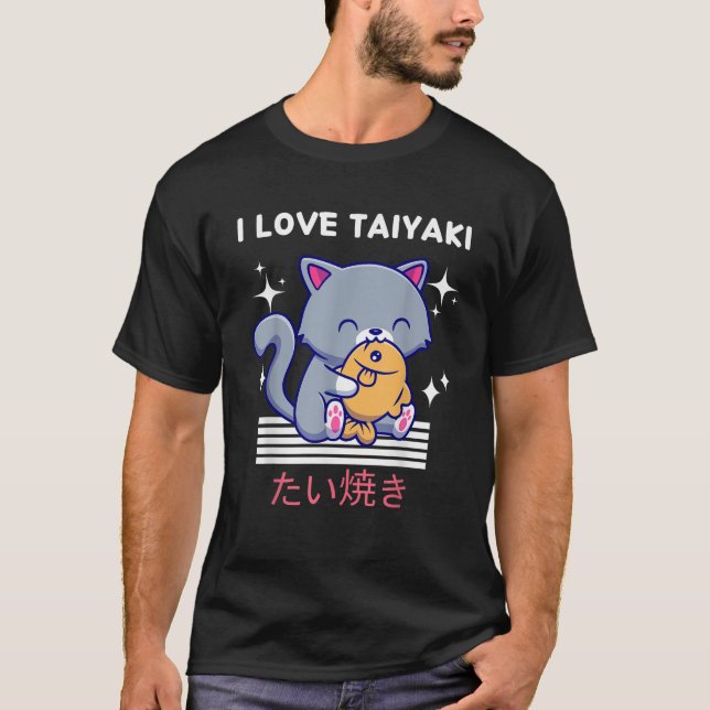 I Love Taiyaki Cute Kawaii Cat Eats Taiyaki Japane T-Shirt (Vorderseite)
