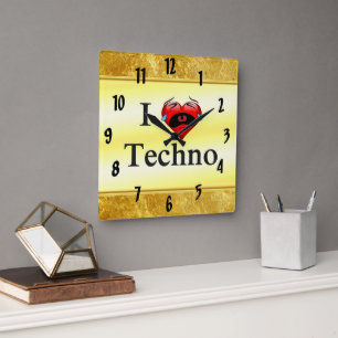 I love techno With a funny red heart singing Quadratische Wanduhr