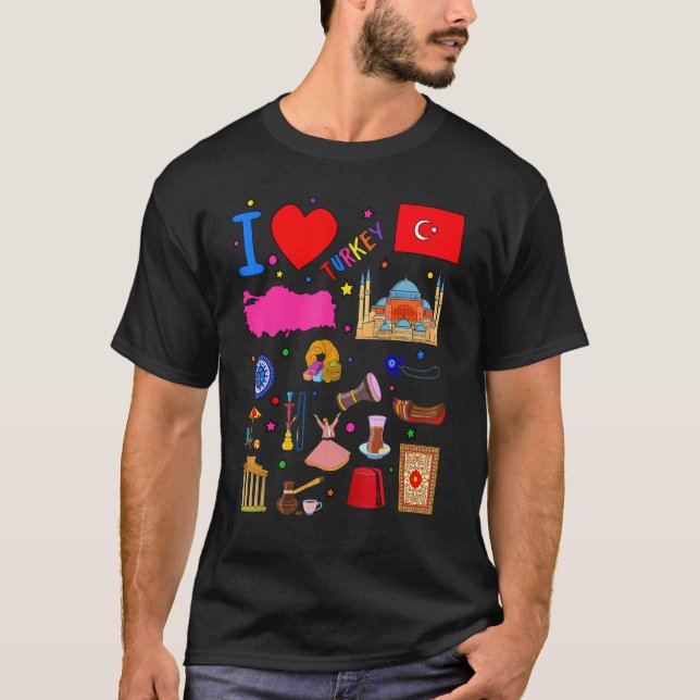 I love Turkey  Hand drawn Turkish Landmarks  flag  T-Shirt (Vorderseite)
