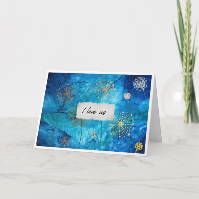 I Love Us Blue Watercolour Gold Floral Card Karte (Vorderseite)