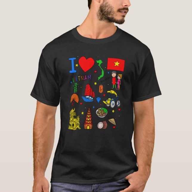 I love Vietnam Hand drawn Vietnamese Landmarks fla T-Shirt (Vorderseite)