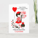 I love you more than Cupcakes/Husband Birthday Feiertagskarte<br><div class="desc">Striking red and black romantic design with typography I Love You More Than Cupcakes. Cupcakes can be customised to a different word if you wish and the inside message you can easily make your own.</div>