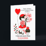 I love you more than Cupcakes/Husband Birthday Feiertagskarte<br><div class="desc">Striking red and black romantic design with typography I Love You More Than Cupcakes. Cupcakes can be customised to a different word if you wish and the inside message you can easily make your own.</div>