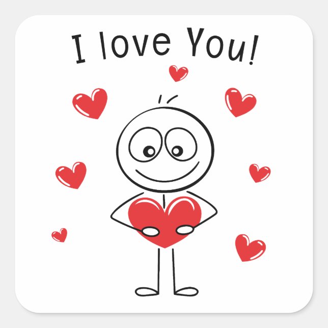 I Love You Stick Figure Cute Hearts Quadratischer Aufkleber (Vorderseite)