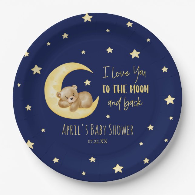 I Love You To The Moon Teddy Bear Baby Shower Pappteller (Vorderseite)