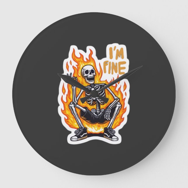 I’m Fine Skeleton on Fire Funny Sticker Illustrati Große Wanduhr (Vorderseite)