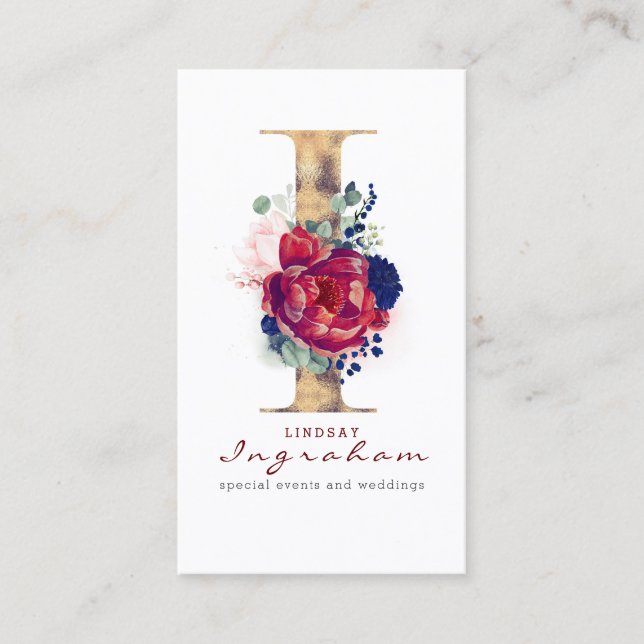I Monogram Burgundy Gold und Navy Blue Floral Visitenkarte (Vorderseite)