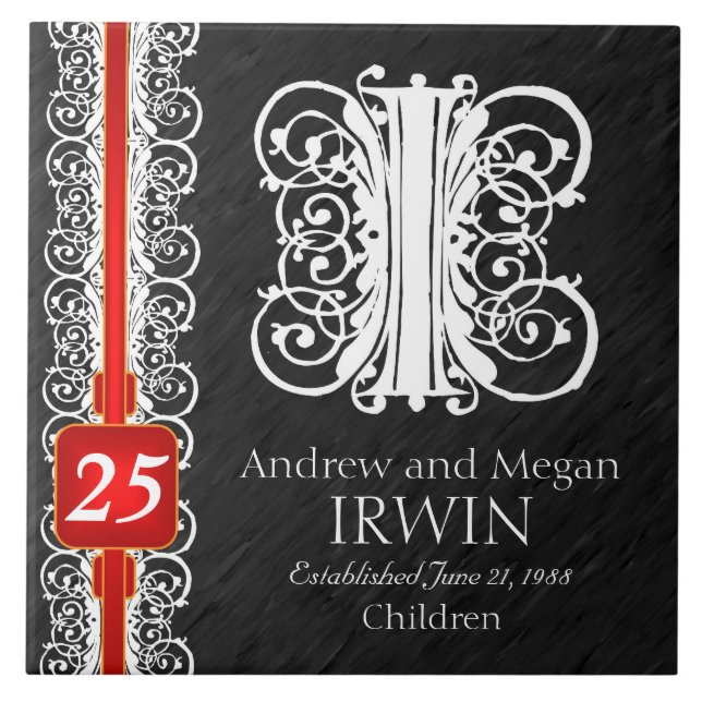 I Monogram "White Lace on Black" Anniversary Tile Fliese (Vorderseite)