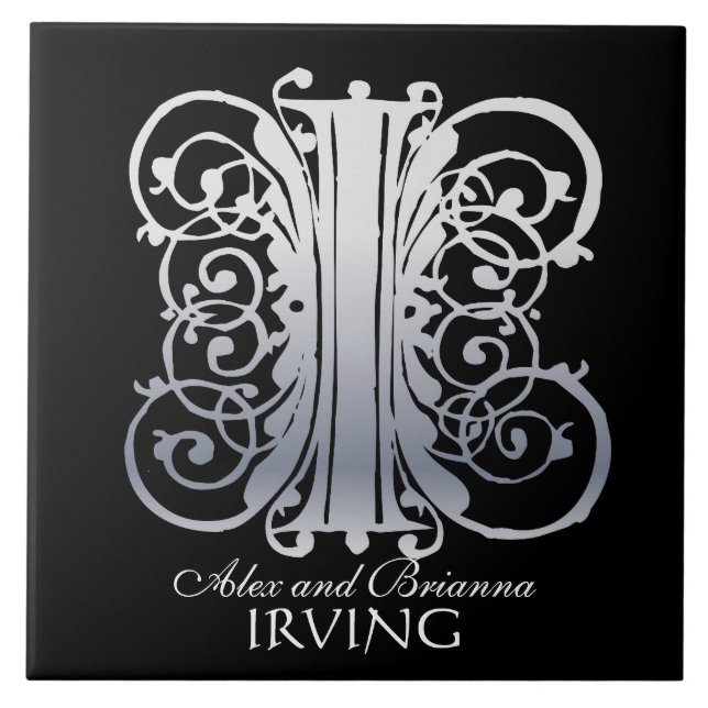 I Monogramm "Silver Lace on Black" mit Namenszug Fliese (Vorderseite)
