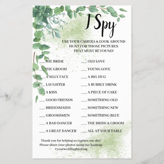 I Spy Eucalyptus Wedding Reception Game Card Flyer (Vorne)