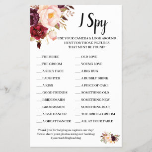 I Spy Marsala Blume Hochzeit Empfang Game Card Flyer