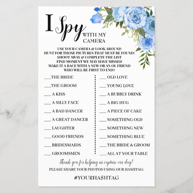 I Spy Wedding Reception Blue Flowers Game Card Flyer (Vorne)