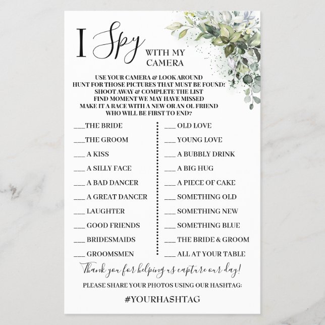 I Spy Wedding Reception Eukalyptus Game Card Flyer (Vorne)