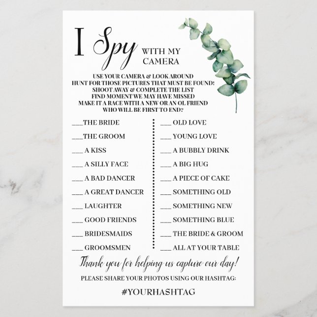 I Spy Wedding Reception Eukalyptus Game Card Flyer (Vorne)