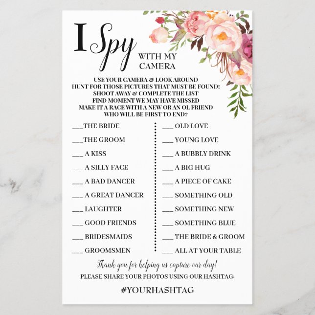 I Spy Wedding Reception Pink Blume Game Card Flyer (Vorne)