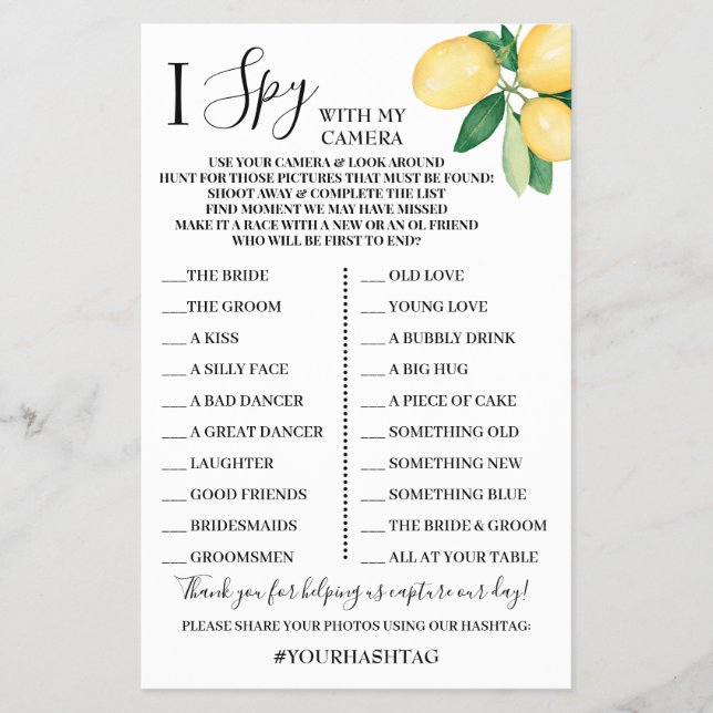 I Spy Wedding Reception Shower Lemons Game Card Flyer (Vorne)