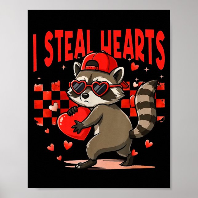 I Steal Hearts Design Raccoon Valentine Day Retro  Poster (Vorne)