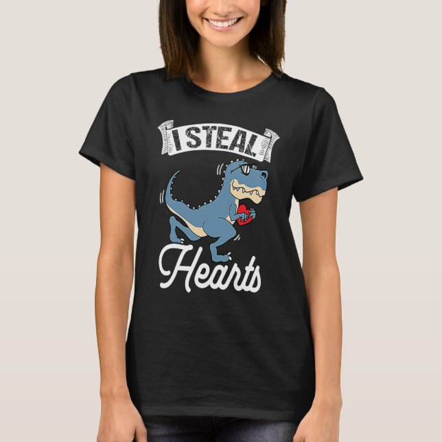 I Steal Hearts Valentine's Day Dino Flowers Date S T-Shirt (Vorderseite)