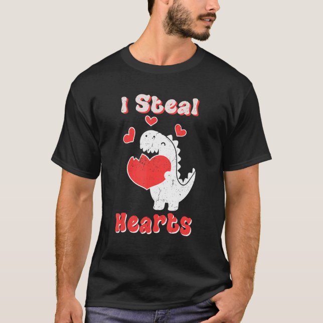 I Steal Hearts Valentines Day Dinosaur Boys Mens L T-Shirt (Vorderseite)