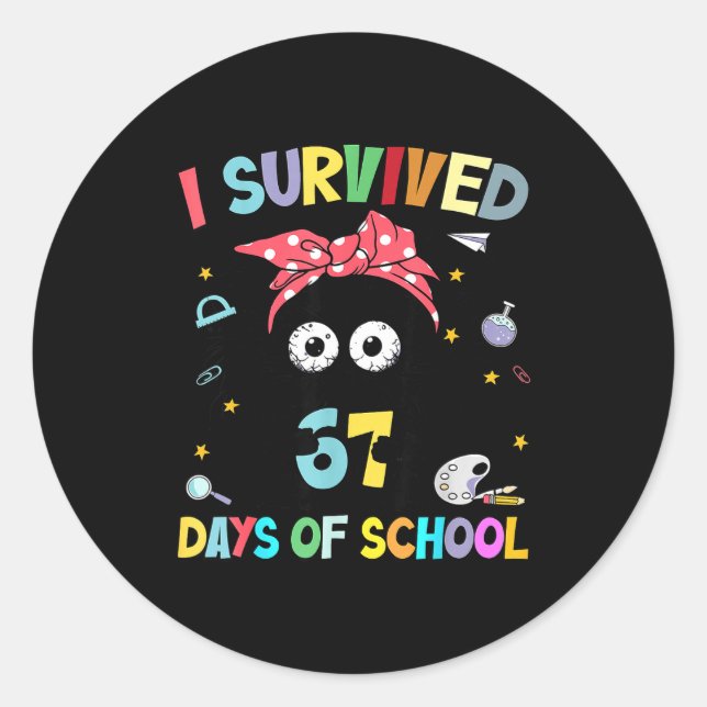 I Survived 67 Days Of School Funny Black Cat Six S Runder Aufkleber (Vorderseite)