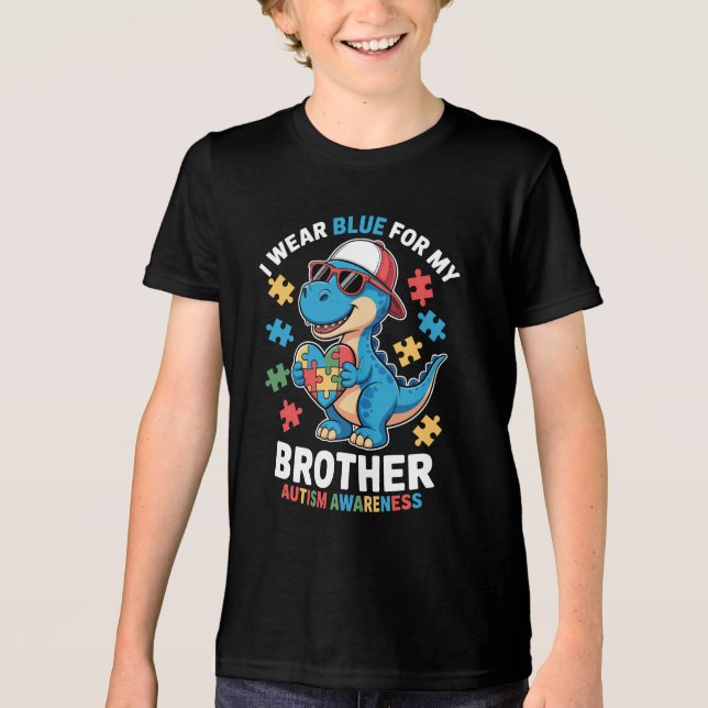 I Wear Blue for My Brother Dino Autism Awareness Tri-Blend Shirt (Vorderseite)