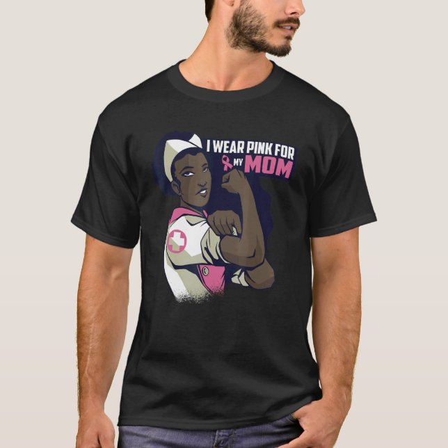 I Wear Pink For My Mom Mama Ribbon Melanin Black Q T-Shirt (Vorderseite)