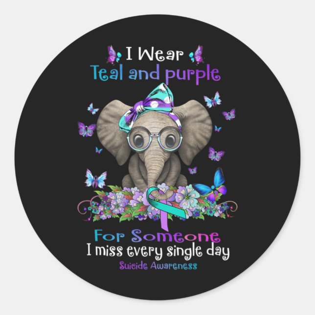 I Wear Teal And Purple Suicide Awareness Elephant  Runder Aufkleber (Vorderseite)