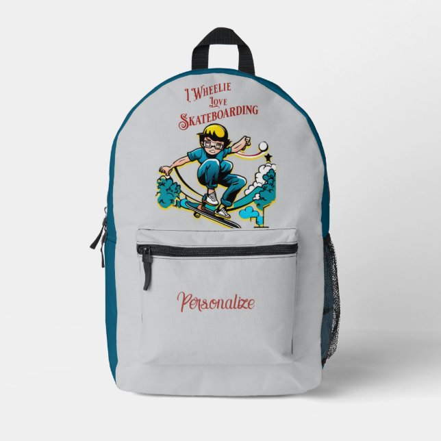 I Wheelie Liebe Skateboarding Quote Boy personalis Bedruckter Rucksack (Vorderseite)