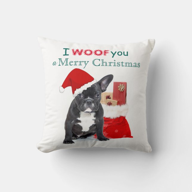 "I woof you a Frohe Christmas" Bulldog Welpe Kissen (Vorderseite)