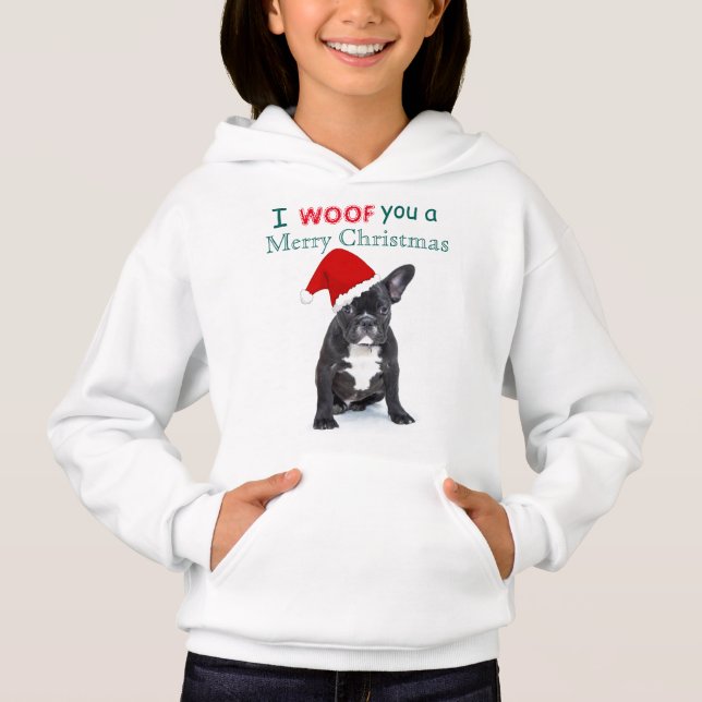 "I Woof You a Frohe Christmas" Niedlicher Welpe Hoodie (Vorderseite)