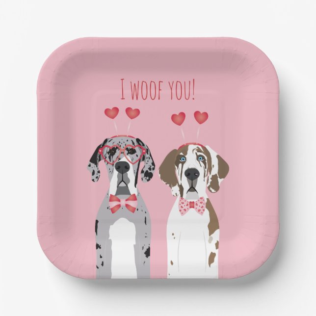 I Woof you Great Dane Hunde Pink Red Pappteller (Vorderseite)