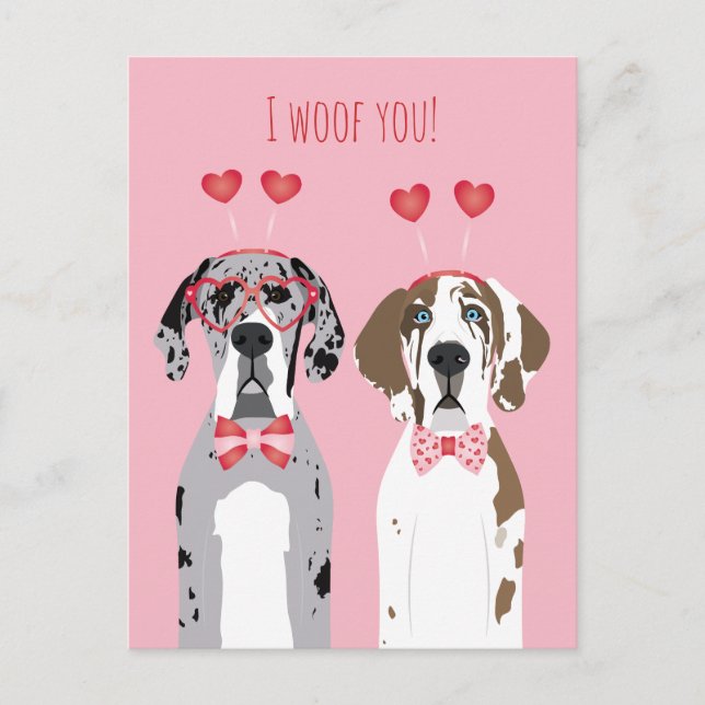 I Woof you Great Dane Hunde Pink Red Postkarte (Vorderseite)