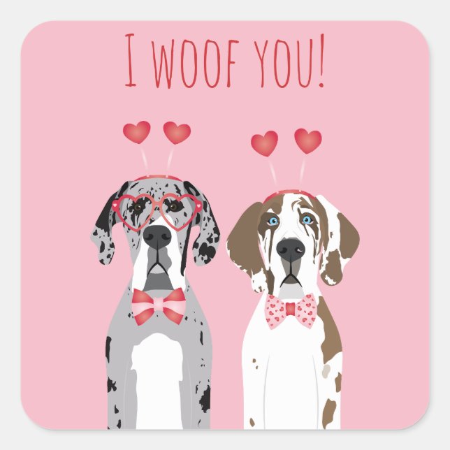 I Woof you Great Dane Hunde Pink Red Quadratischer Aufkleber (Vorderseite)