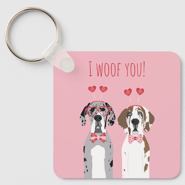 I Woof you Great Dane Hunde Pink Red Schlüsselanhänger (Vorderseite)