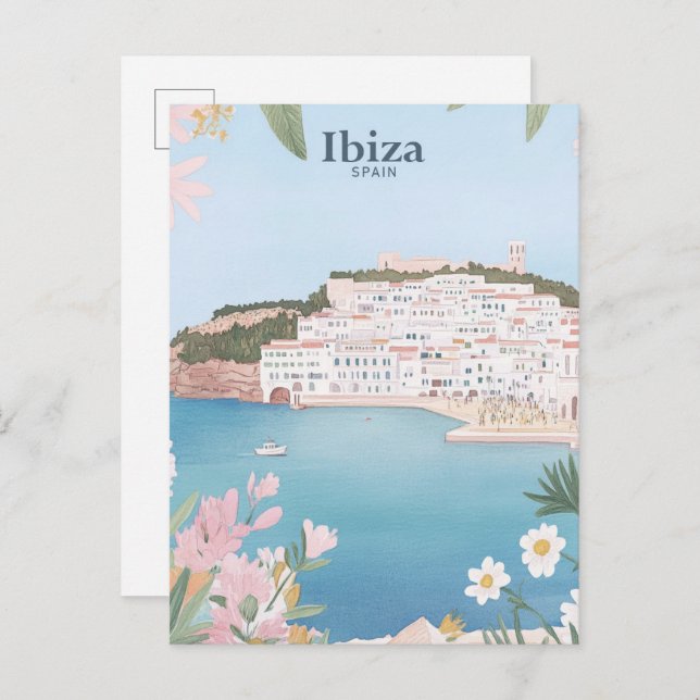 Ibiza Spain Gouache Paint Illustration Travel Postkarte (Vorne/Hinten)