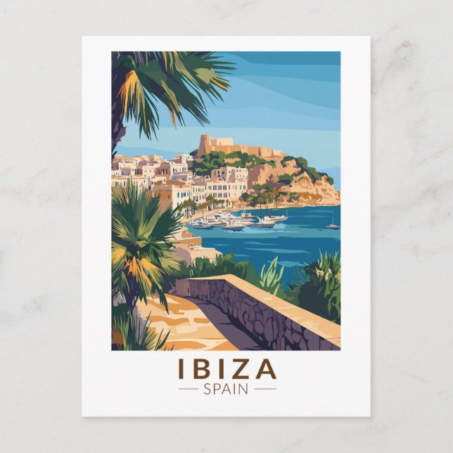 Ibiza Spanien Illustration Reise Kunst Vintage Postkarte (Vorderseite)