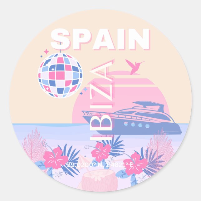 Ibiza, Spanien, Reisen Kunst, Preppy Art, Pink, Pa Runder Aufkleber (Vorderseite)