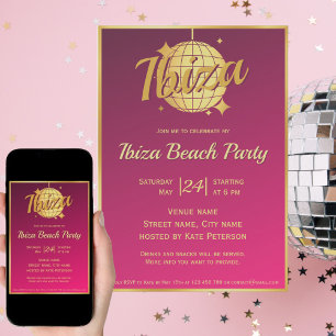 Ibiza-Thema eivissa Gold-Disco-Kugel rosa Party  Einladung